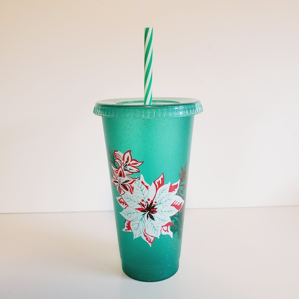 Starbucks Green Glitter Holiday Poinsettia Tumbler with Straw (2020)